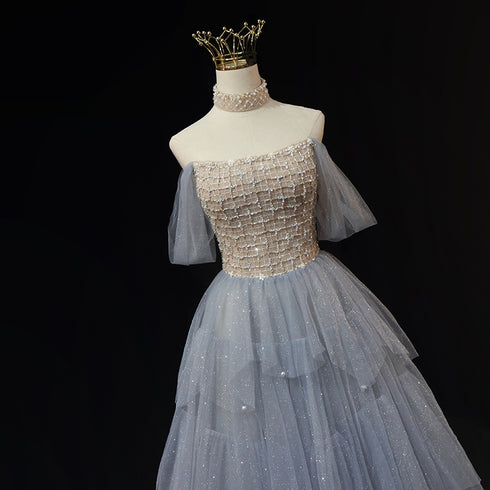 Light Blue Tulle Ball Gown Wedding Dress - Off-Shoulder Wedding Dress - Beaded Corset Back Wedding Dress Plus Size